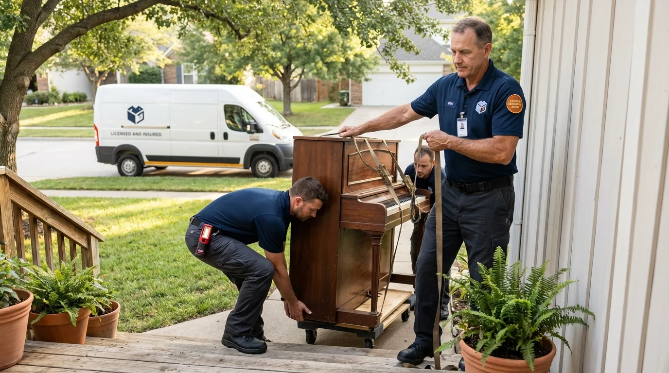 Licensed piano movers securing grand piano in Imlay City, MI
