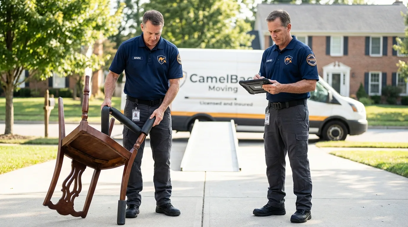 Movers inspecting furniture for damage prevention before loading in Imlay City, MI